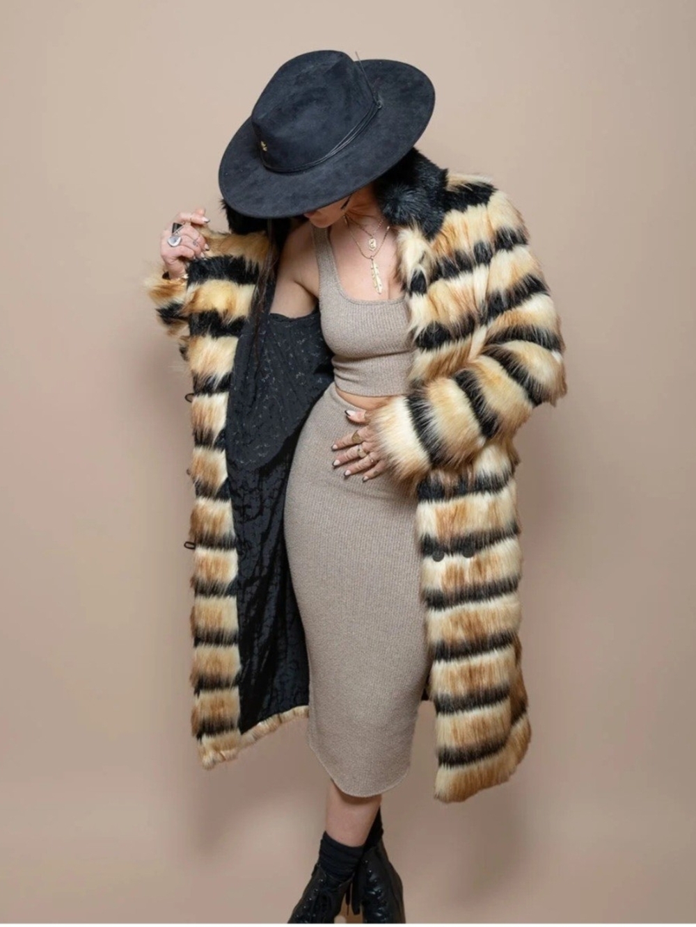 Spirithood - Gazelle - Striped Faux Fur Coat in Black & Tan